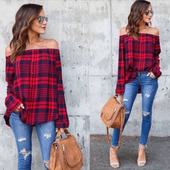 Off Shoulder Button Front Red Navy Plaid Blouse - Picture 4 of 5